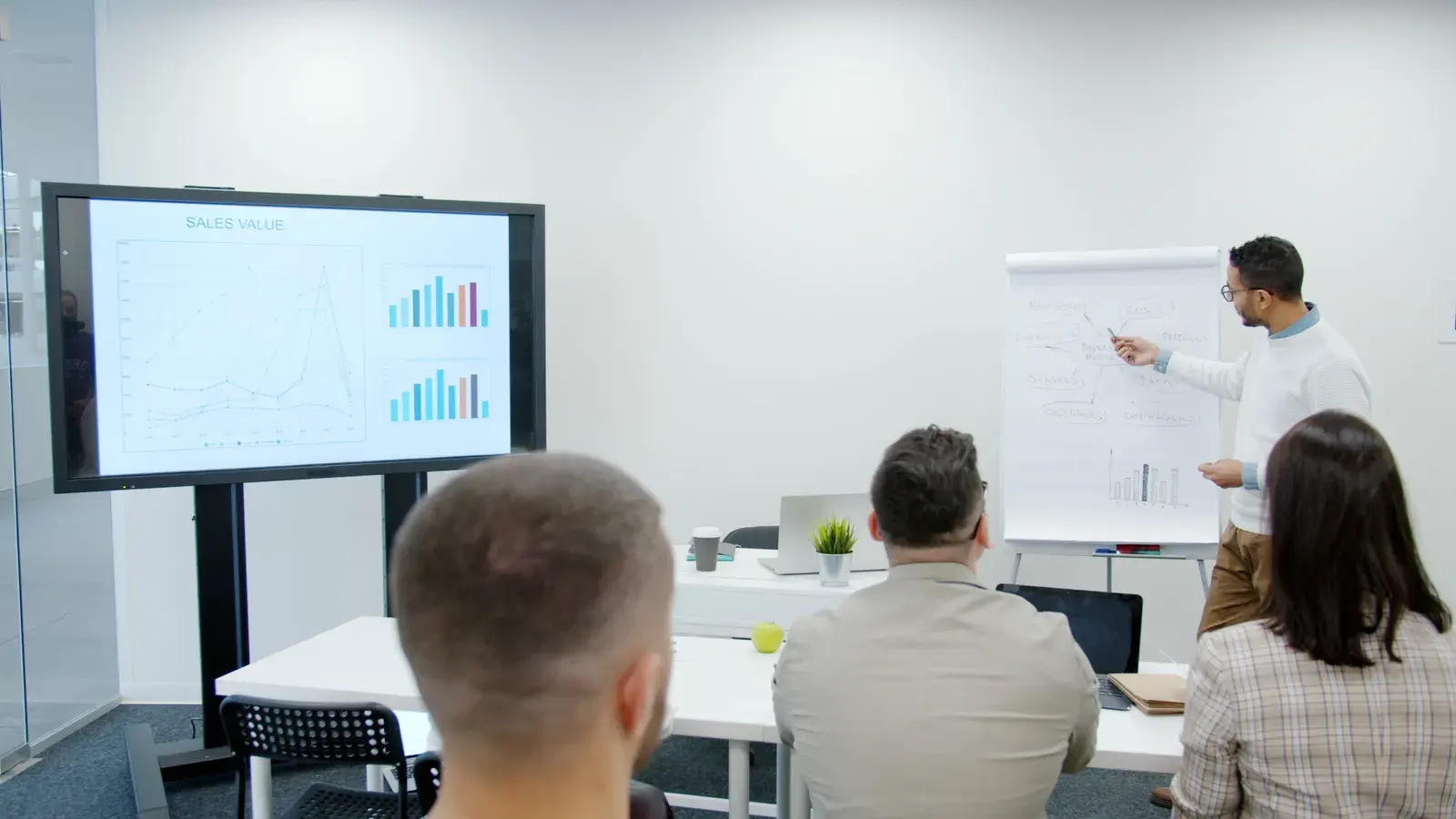 Professional presentation on sales trends with charts and engaged team.