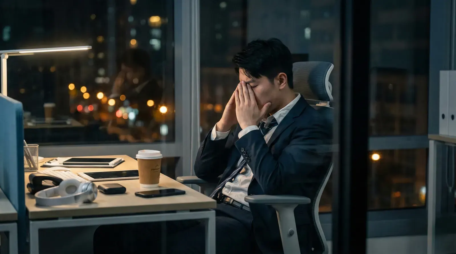 A businessman in a suit sits stressed at his office desk at night, highlighting exhaustion.