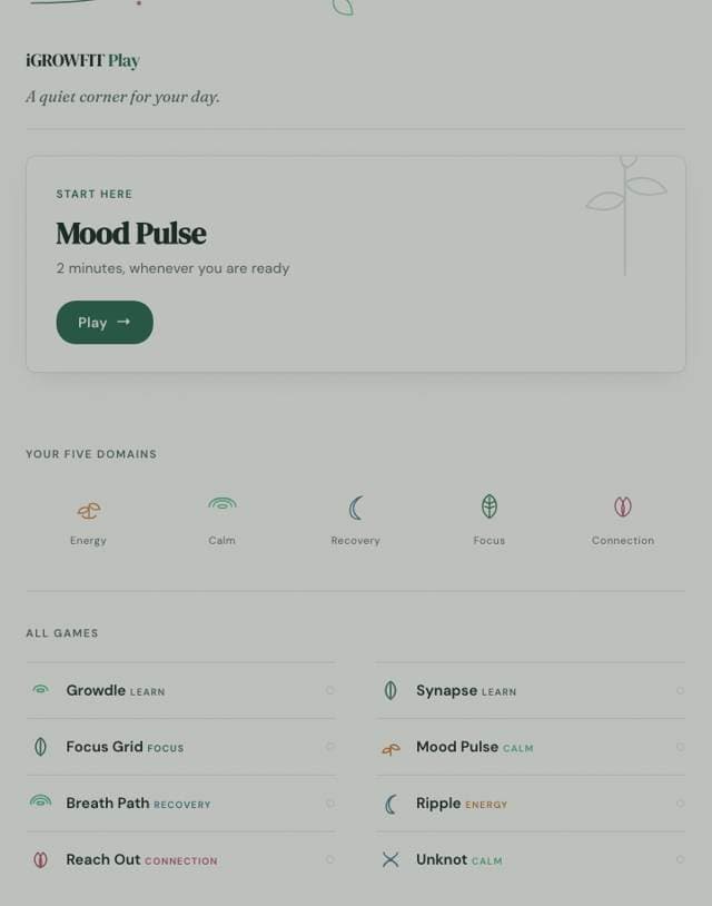 The live iGROWFIT Play arcade: Mood Pulse start card, five domains and eight games